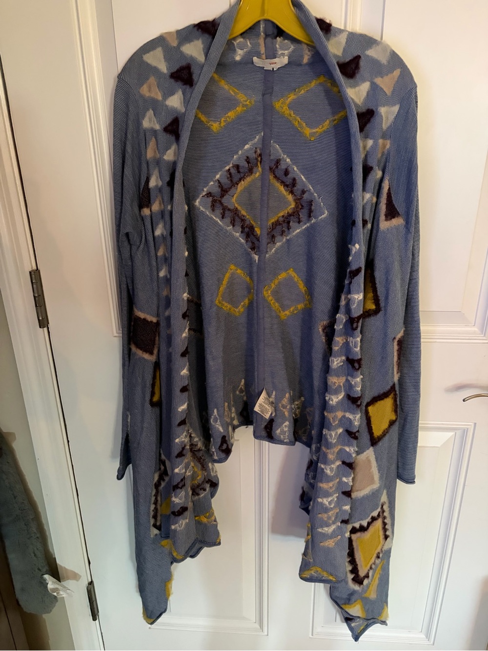 FEIT Light Blue Open-Front Geometric Cardigan with Yellow & Cream Accents